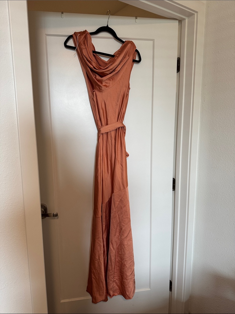 Significant Other Dress Maxi Erika Peach Orange Satin Shoulder Drape 6 - Picture 6 of 10